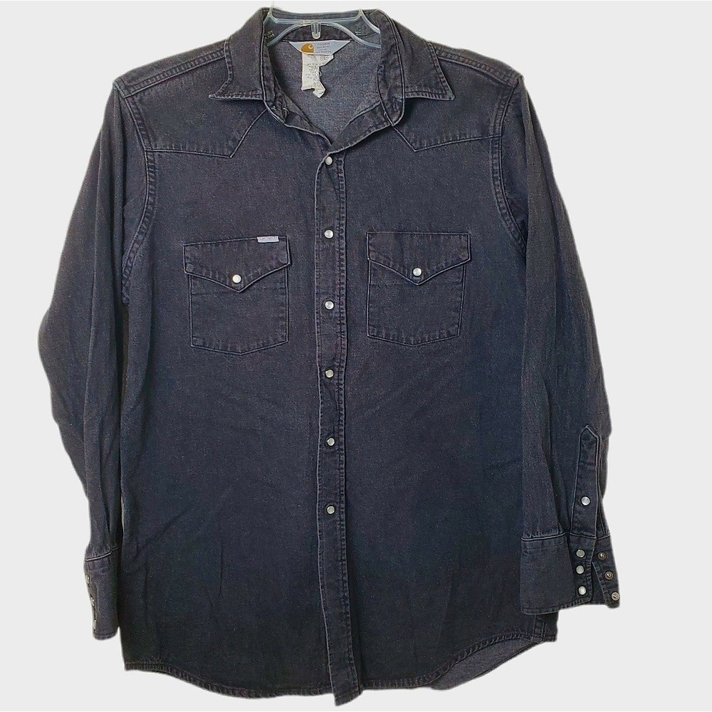 Vintage Carhartt Black Wash Denim Pearl Snap Western Shirt 16.5 x 35 USA Made